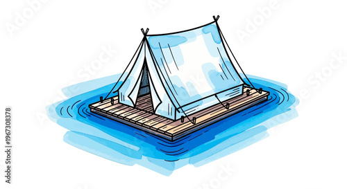 Camping tent on floating raft in calm water  