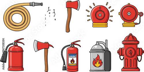 Fire Safety Equipment Set with Fire Extinguishers, Hose, Axe, Alarm, and Hydrant for Emergency Response and Fire Protection