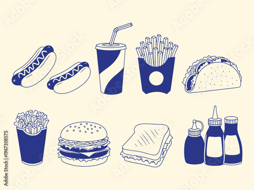Fast food collection burger fries soda hand drawn vector