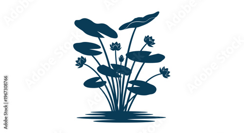 Dark blue lily pads and flowers.