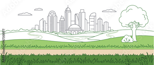 Urban city skyline panorama with green park and nature landscape art.