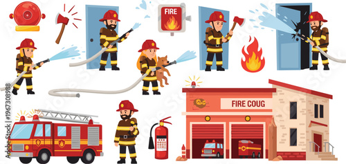 Firefighter Rescue Set with Fire Truck, Fire Hose, Alarm, and Firefighting Tools for Emergency Response and Safety