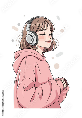 アニメスタイルで描かれたヘッドホンで音楽を聴く若い女性のイラスト, ピンクのパーカーを着て目を閉じリラックスする女の子のベクター素材, 音楽鑑賞やポッドキャストを楽しむライフスタイル, 穏やかな表情のキャラクターデザイン