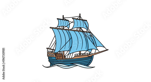 Sailing Ship with Blue Sails Ocean.