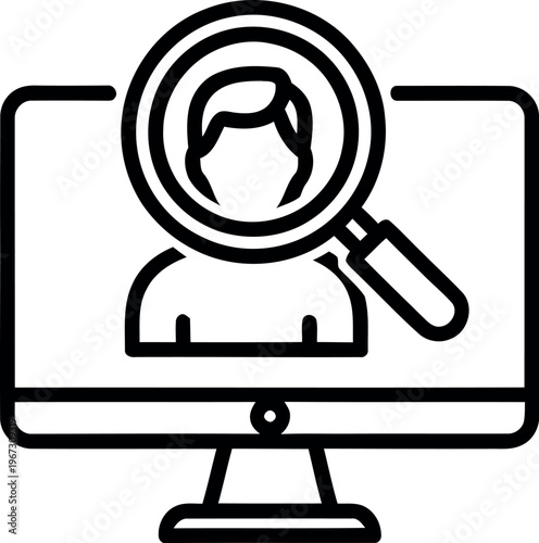 Black line icon of a magnifying glass on a computer screen searching for a person isolated on white background