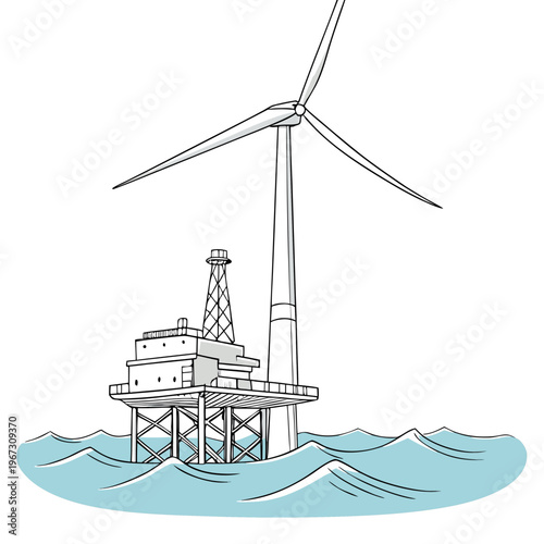 Offshore wind farm with a large turbine standing tall in the ocean beside an oil rig platform