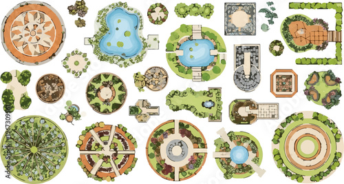Landscape design elements set, top view garden plan icons with trees and ponds, architectural site mapping symbols for park and backyard layout