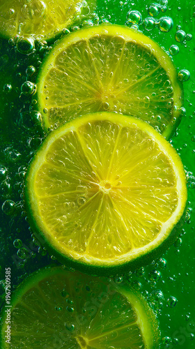 Macro close-up of fresh lime slices with sparkling water droplets and vibrant green texture.