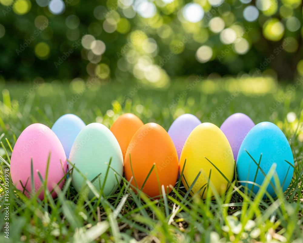 Fototapeta premium A row of seven vibrantly colored Easter eggs sits nestled in lush green grass