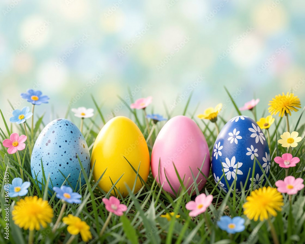 Fototapeta premium A vibrant Easter scene unfolds with four decorated eggs nestled in lush green grass, interspersed with colorful wildflowers