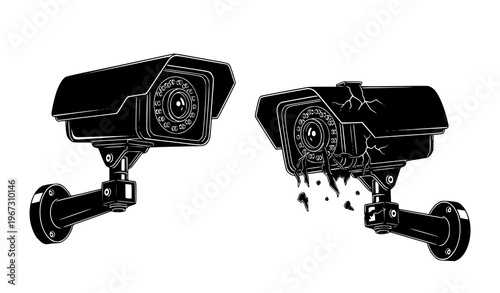 Anti surveillance concept vector with broken security camera and intact CCTV symbol monochrome street culture design isolated on white