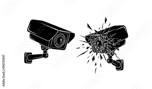 Broken CCTV camera vector with glitch effect anti surveillance rebellion concept urban street culture design isolated on white
