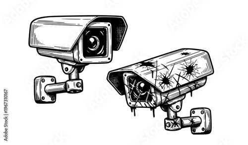 Hand drawn broken surveillance camera vector anti CCTV rebellion street culture concept monochrome design isolated on white