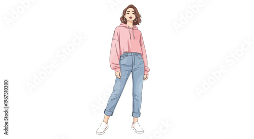 カジュアルなピンクのパーカーとデニムパンツを着用した若い女性の全身イラスト, ファッション雑誌のようなスタイリッシュなポーズの女性ベクター素材, シンプルな線画と淡い色彩で描かれたモダンなライフスタイルキャラクター