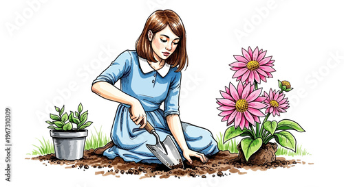 Girl planting flowers in garden with trowel and pot near blooms  