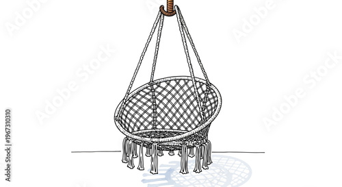 Hanging wicker chair with ropes and a wooden support beam  