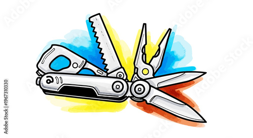 Multitool with various functions illustrated in vibrant colors  