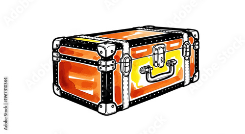 Vintage orange suitcase with metal accents in hand-drawn style  