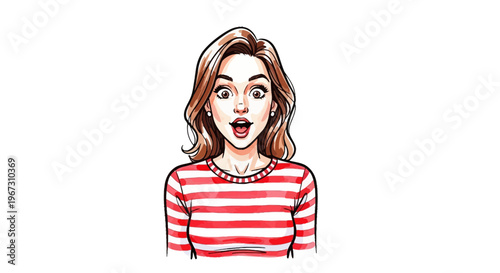 Surprised young woman with long hair wearing striped shirt  
