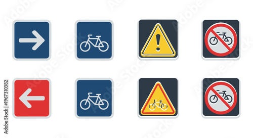 Collection of traffic signs indicating directions and bicycle regulations high quality