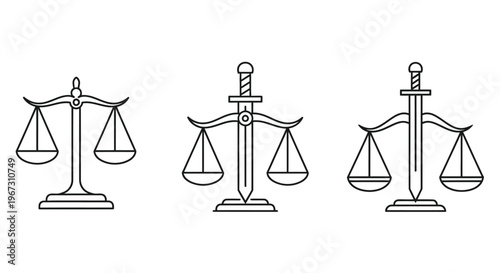 Line art depicting three variations of scales of justice with swords