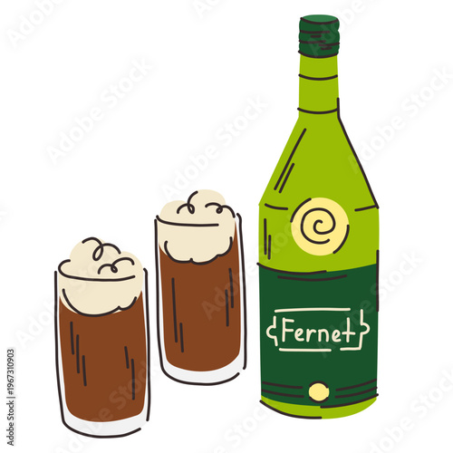 A green glass bottle of Fernet with a label showing two full glasses of the dark brown drink