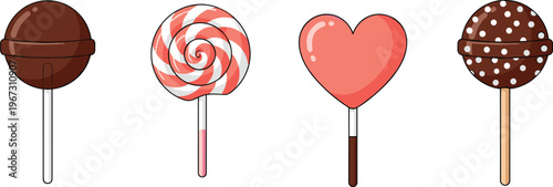 Colorful Lollipop and Candy Set with Swirled, Heart, and Chocolate Lollipops for Sweets, Dessert, and Party Designs
