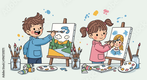 children painting in art class with teacher