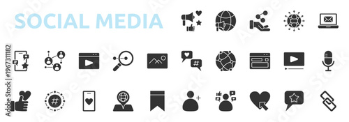 Social Media icon glyph style with social, marketing, global, promotion, share, content, global connection icons