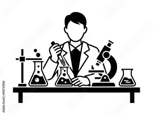 Scientist working in laboratory with microscope and chemistry flasks illustration for science and medical research