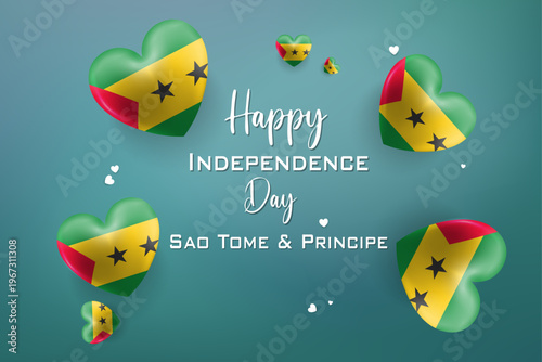 Sao Tome and Principe Independence Day celebration graphic with hearts and black star emblem on green yellow and red festive background