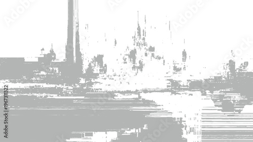 Glitchy cityscape with distorted buildings and water reflection in grayscale urban digital art
