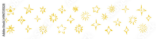 Foto Golden sparkling stars hand drawn set, yellow twinkle elements, starbursts with wax crayon texture