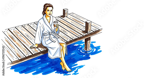 Young woman in bathrobe sitting on dock and enjoying a drink  