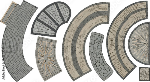 Cobblestone pavement vector set, vintage stone walkway textures for architectural planning, grey granite paving patterns for urban landscaping design isolated PNG with Transparent Background