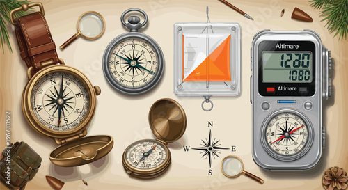 Exploration Gear Set with Compasses, Altimeter, Magnifying Glass, and Navigation Tools for Outdoor Adventures and Hiking