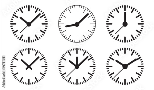 Collection of round clock faces with time variations simple vector illustration