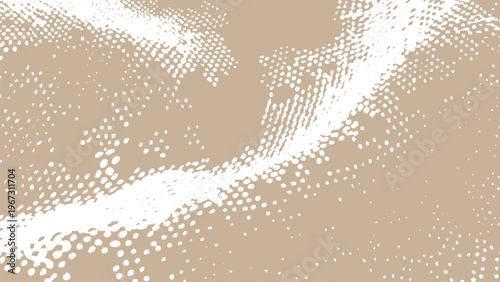 Abstract beige halftone texture background with white distressed dots, organic wavy pattern for minimalist retro design