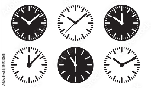 Analog clock icons set showing different times minimalist black and white design