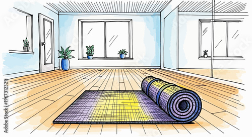Yoga mat rolled up in fitness studio with bright blue walls  