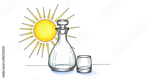 Glass decanter and tumbler on a sunny background  