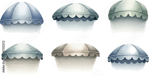 Vintage striped shop awnings set, 6 classic dome canopy vectors for storefronts and cafes, elegant blue and grey fabric sunshade roof illustrations isolated PNG with Transparent Background