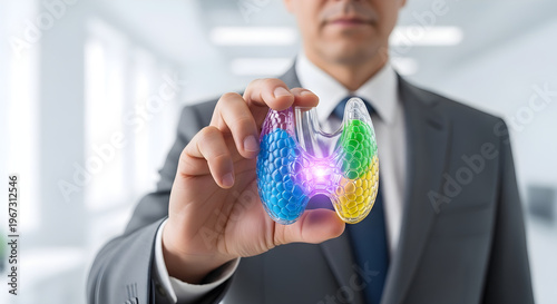 Businessman in suit holding colorful glowing thyroid gland anatomy model in bright hallway