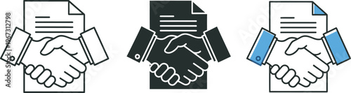 Three variations of a handshake over a document icon representing agreements and partnerships in different color schemes