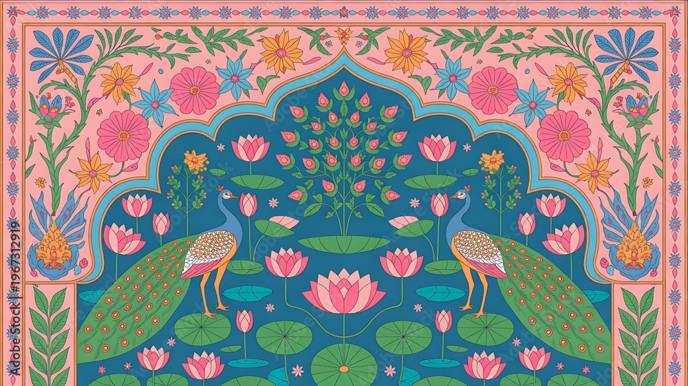 Naklejka premium Intricate Mughal garden mural with peacock and lush botanical elements wallpaper design