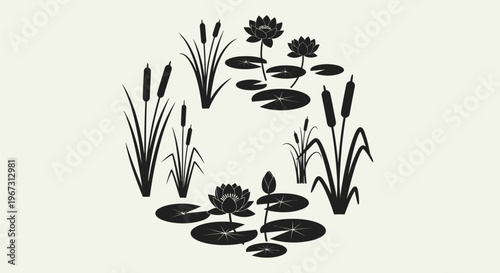 Black silhouette of water lilies plants.