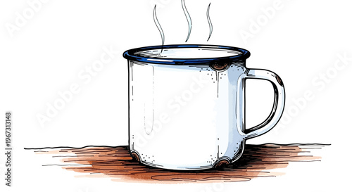 Enamel coffee mug with steam on wooden table  