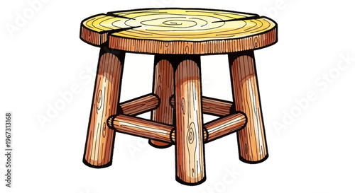 Wooden stool with round top and four legs in rustic style  