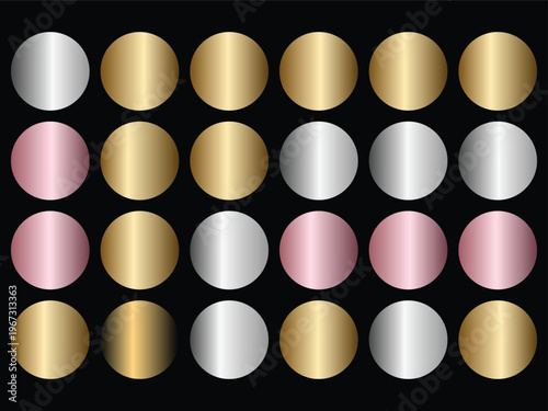 Round metallic gradient circles in gold silver and rose gold on black background