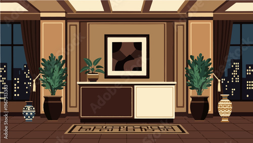 Sophisticated hotel lobby interior with reception desk potted plants artwork and nighttime city view vector illustration